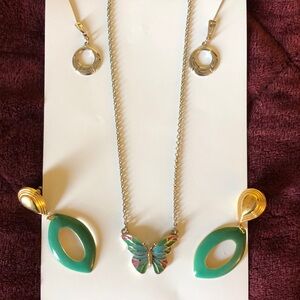 Vintage Butterfly Enamel Pendant Signed NRT plus Earrings